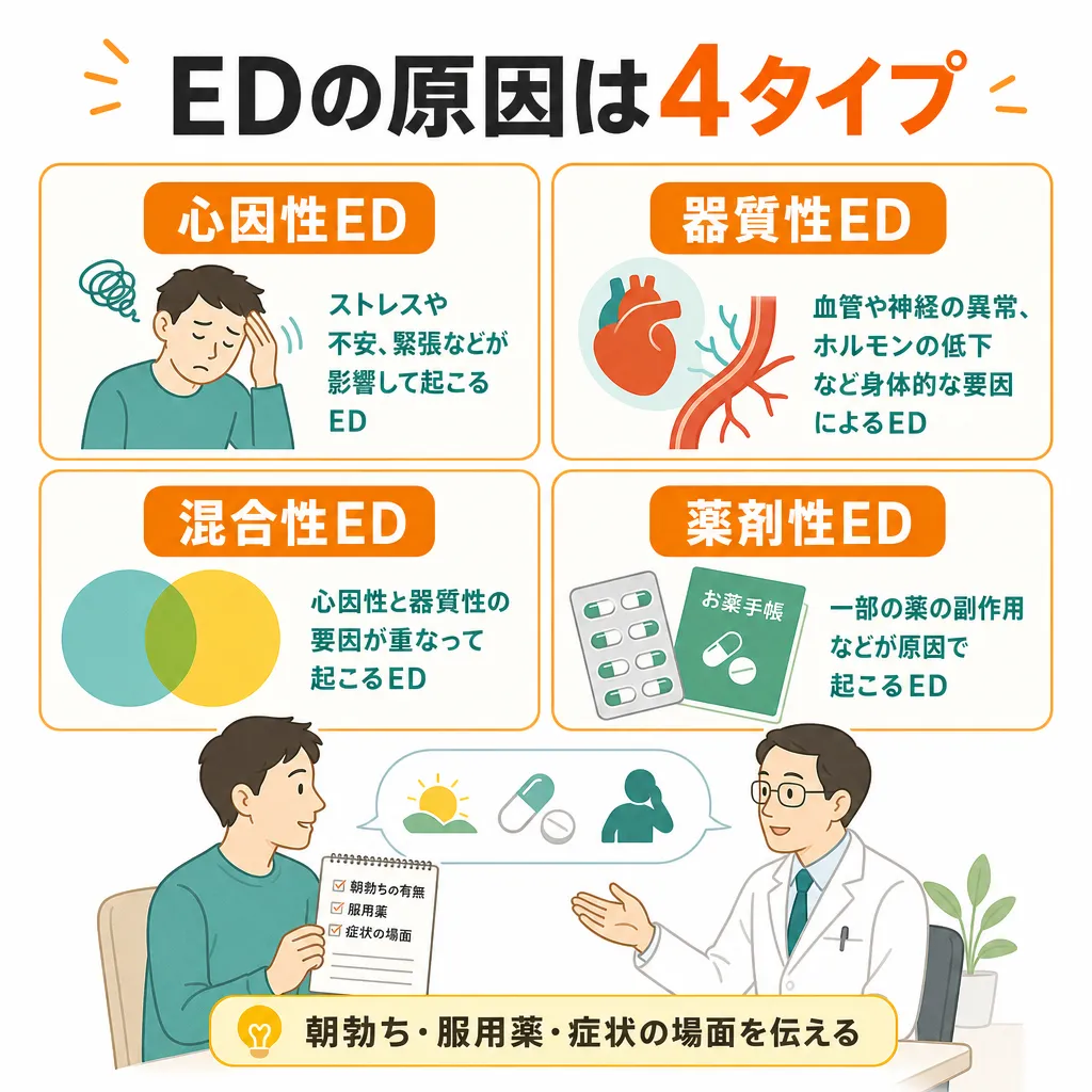 EDの原因を心因性・器質性・混合性・薬剤性に分けた図解