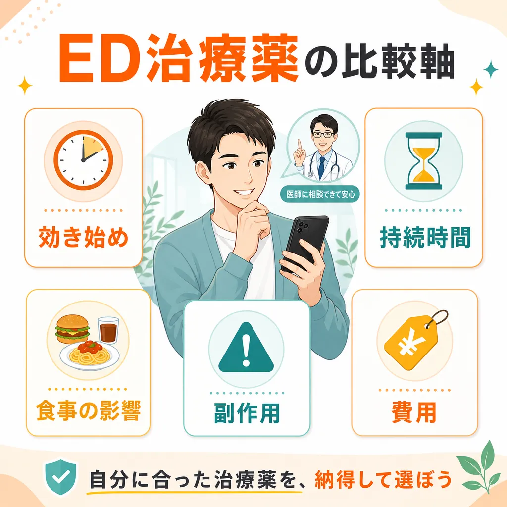 ED治療薬を効き始めや持続時間などの比較軸で選ぶ図解