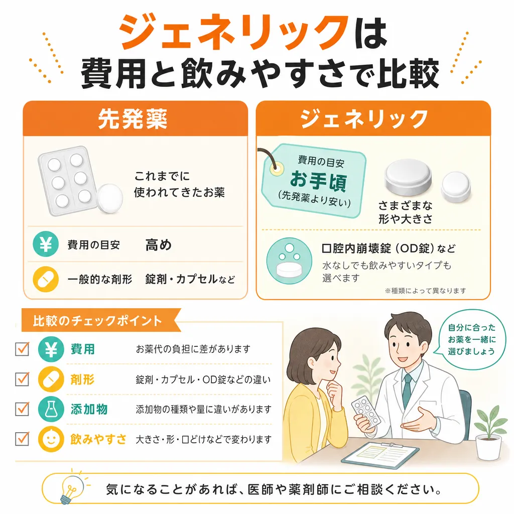ED治療薬の先発薬とジェネリックを費用や飲みやすさで比べる図解